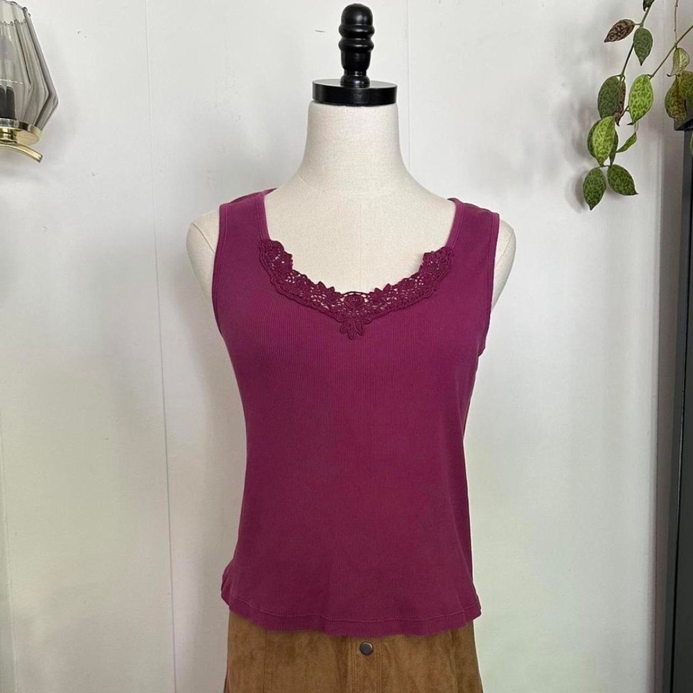 Lauren Ralph Lauren Vintage 90s Petite Large Purple Burgundy Lace Knit Tank Top
